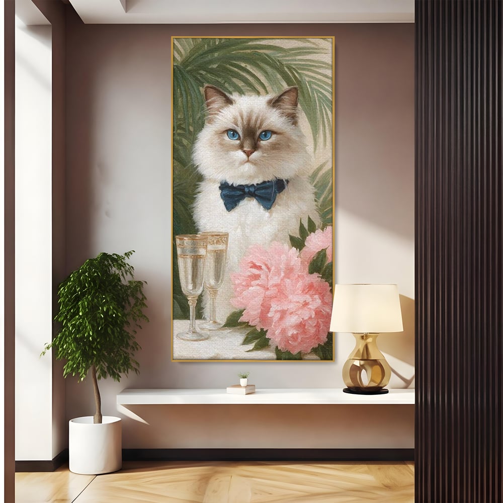 Tablou canvas cu tablou canvas cu motan elegant, in rama de aluminiu auriu